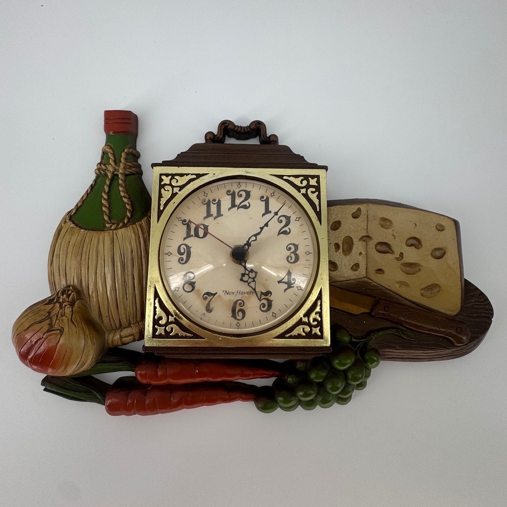 Burwood Products 460-1 Wall Clock 16in Brown Wine Cheese Still Life 1973 TESTED